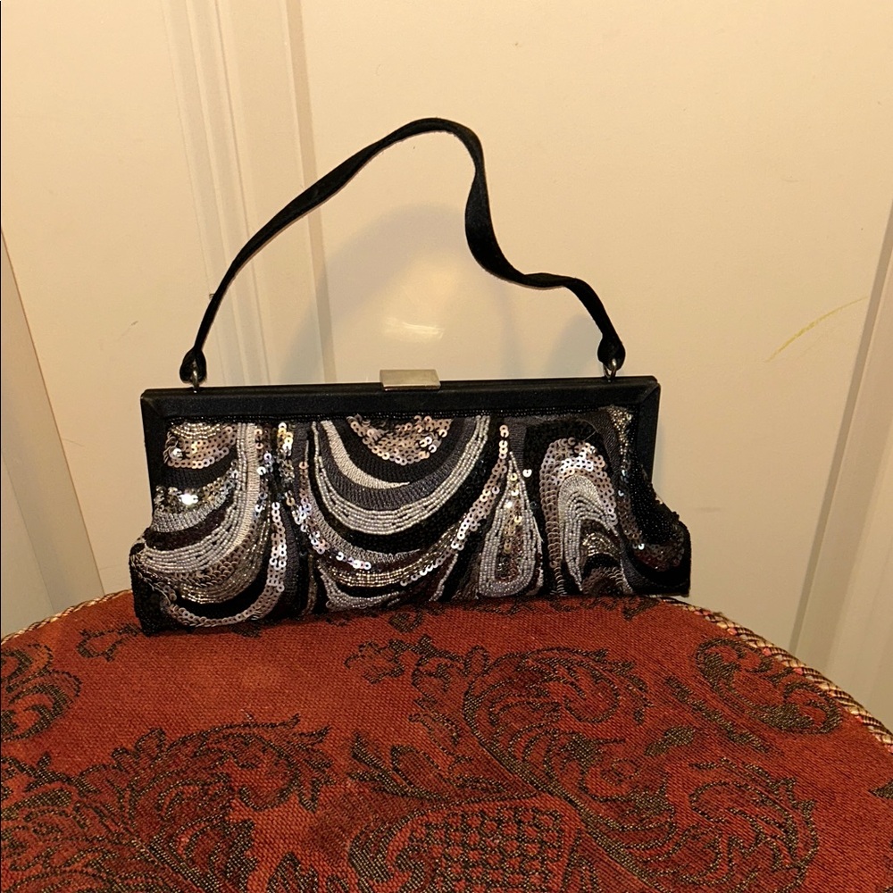Preston & York Black and Silver Sequin Wristlet Clutch